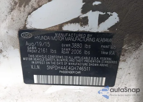 2016 Hyundai Elantra Se/Sport/Limited from USA, damaged, VIN 5NPDH4AE4GH746511